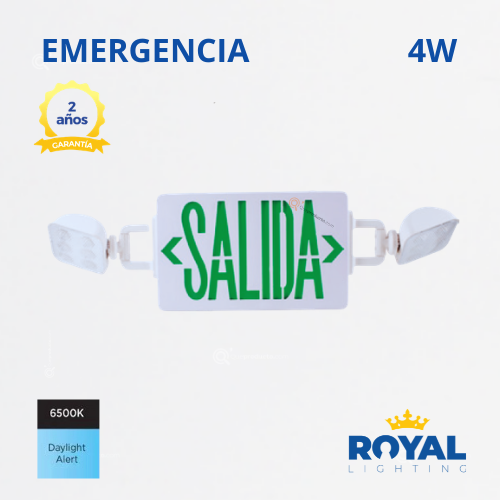 LED Señal salida + Luminaria de emergencia 4W, 140 lm, 100-240V, Ref S3, Marca Royal Lighting (En Stock) X1 Punto