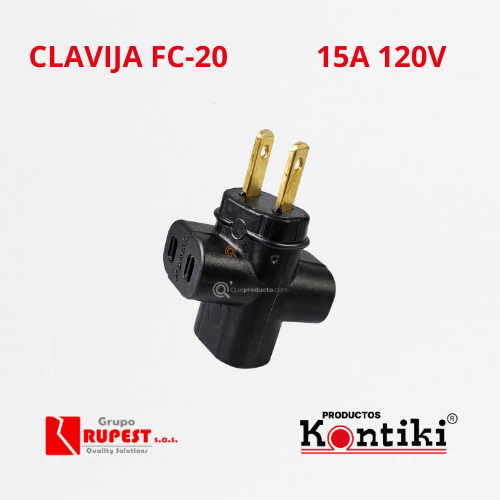 Clavija Tee Eléctrica 15A, 120V, IP20, Ref FC-20, Marca Kontiki (En Stock)