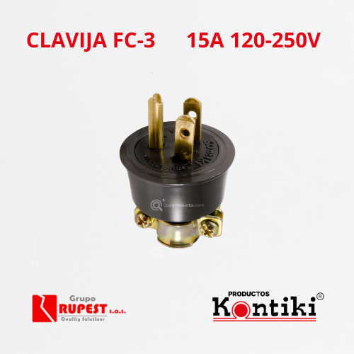 Clavija Industrial 15A Con Polo a Tierra, 120-250V, IP20, Ref FC-3, Marca Kontiki (En Stock)