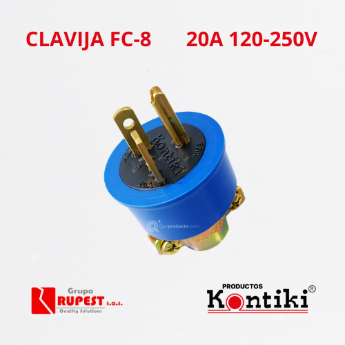 Clavija Indus. Pata Cruzada 20A Con Polo a Tierra Azul, 120-250V, IP20, Ref FC-8, Marca Kontiki (En Stock)