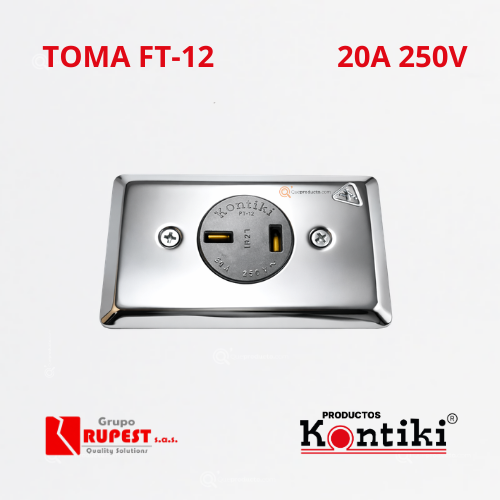 Toma Bifasica Pata Cruzada 20A Incrustar, 250V, IP20, Ref FT-12, Marca Kontiki (En Stock)
