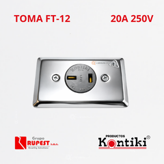 Toma Bifasica Pata Cruzada 20A Incrustar, 250V, IP20, Ref FT-12, Marca Kontiki (En Stock)