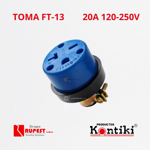 Toma Indus. Pata Cruzada 20A Con Polo a Tierra Azul, 120-250V, IP20, Ref FT-13, Marca Kontiki (En Stock)