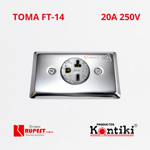 Toma Bifasica Pata Cruzada 20A Incrustar, Polo a Tierra, 250V, IP20, Ref FT-14, Marca Kontiki (En Stock)