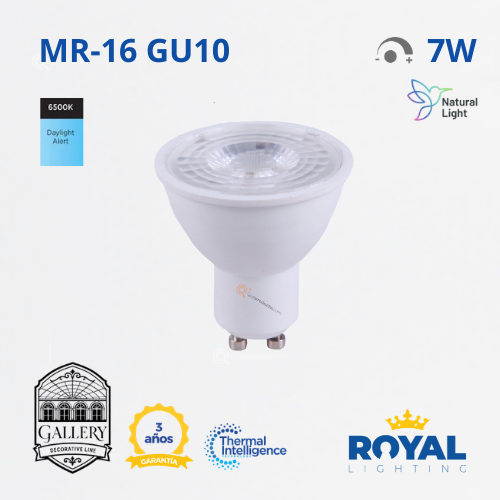 LED Spot 7W GU10, MR16, 6500K, 600lm, 38G, IP20, Dimerizable, 120V, Marca Royal Lighting (En Stock) x2 Puntos