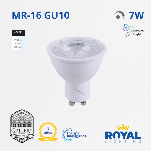 LED Spot 7W GU10, MR16, 4000K, 600lm, 38G, IP20, Dimerizable, 120V, Marca Royal Lighting (En Stock) x1.5 Puntos