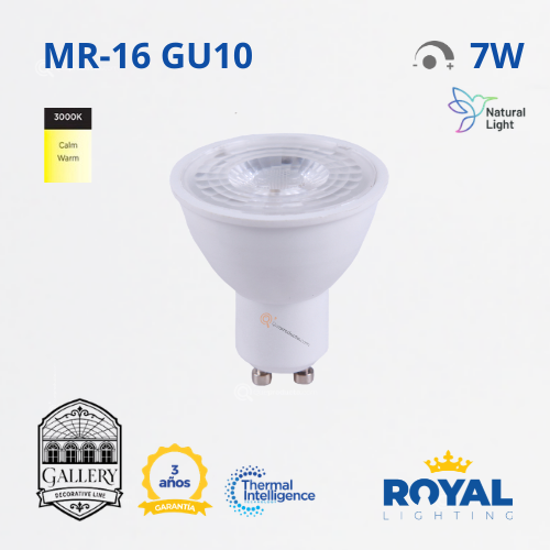 LED Spot 7W GU10, MR16, 3000K, 600lm, 38G, IP20, Dimerizable, 120V, Marca Royal Lighting (En Stock) x1.5 Puntos