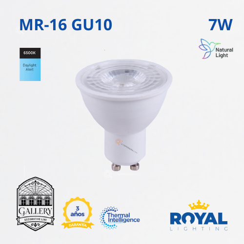 LED Spot 7W GU10, MR16, 6500K, 600lm, 38G, IP20, NO Dimer, 100-240V, Marca Royal Lighting (En Stock) X1 Punto