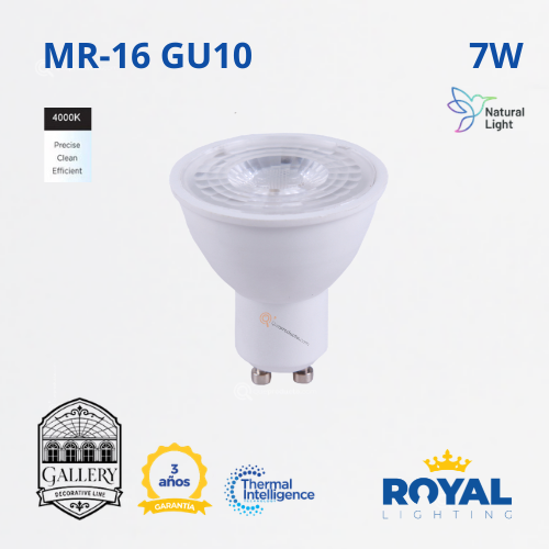 LED Spot 7W GU10, MR16, 4000K, 600lm, 38G, IP20, NO Dimer, 100-240V, Marca Royal Lighting (En Stock) X1 Punto