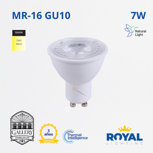 LED Spot 7W GU10, MR16, 3000K, 600lm, 38G, IP20, NO Dimer, 100-240V, Marca Royal Lighting (En Stock) X1 Punto