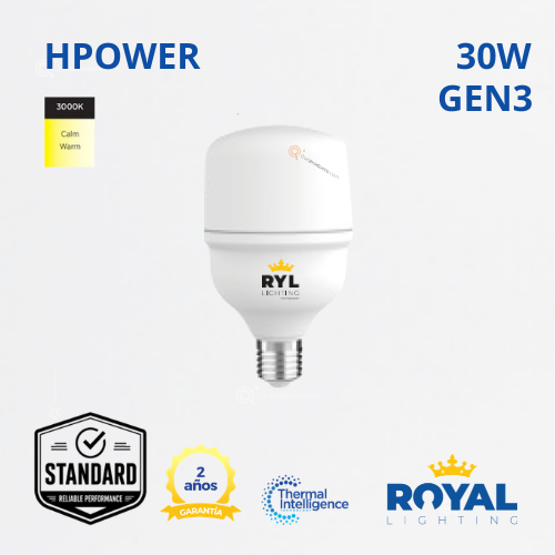 LED High Power 30w E27 Gen3, 3000K, 2700 lm, IP20, 180G, 100-240V, Marca Royal Lighting (En Stock) X1 Punto