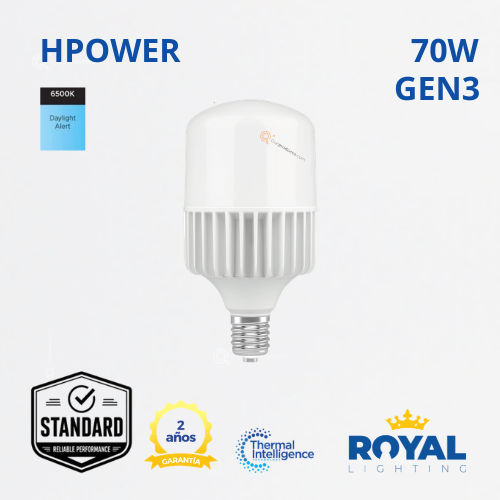 LED High Power 70w E27 Gen3, 6500K, 6300 lm, IP20, 180G, 100-240V, Marca Royal Lighting (En Stock) X1 Punto