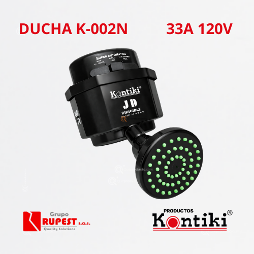 Ducha Eléctrica Dirigible Negra, 33A, Selec 3 Temp, IP44, 120 V, Ref K-002N, Marca Kontiki (En Stock)