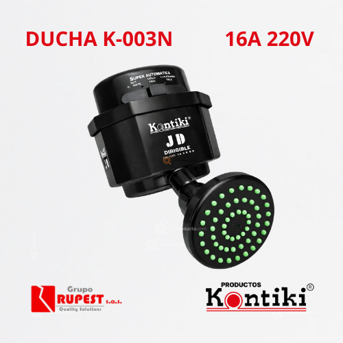 Ducha Eléctrica D. Negra, 16A, Selector Manual 3 Temp, IP44, 220 V, Ref K-003N, Marca Kontiki (Bajo Pedido)
