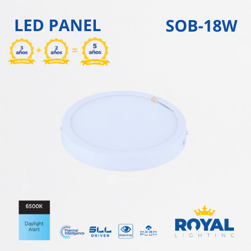LED Panel redondo 18W S/poner, 6500k, 1440 lm, IRC 80, 120G, 100-240V, Marca Royal Lighting (En Stock) X1 Punto