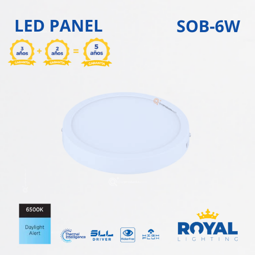 LED Panel redondo 6W S/poner, 6500k, 330 lm, IRC 80, 120G, 100-240V, Marca Royal Lighting (En Stock) x2 Puntos