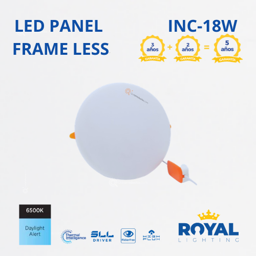 LED Panel redondo 18W incrus Frame Less, 6500k, 2160 lm, 120G, 100-240V, Marca Royal Lighting (En Stock) X1 Punto