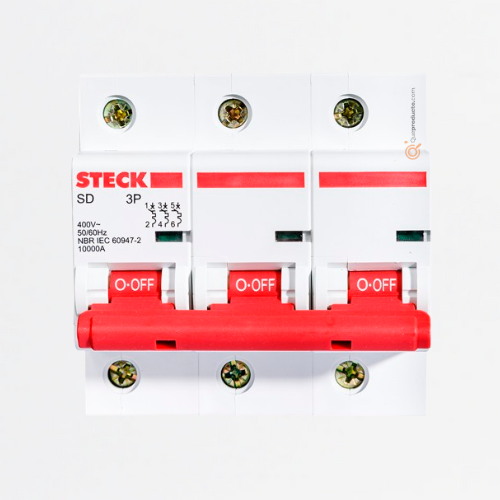 Interruptor Breaker R. DIN Mini TM 63A 3P, Curva C 6kA, Ref SDZD63C63, Marca Steck (Bajo Pedido)