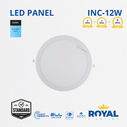 LED Panel redondo 12W incrus, 6500k, 900 lm, IRC 80, 120G, 100-240V, Marca Royal Lighting (En Stock) X1 Punto