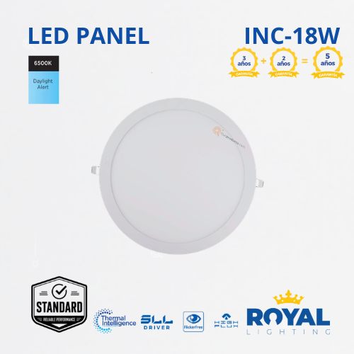 LED Panel redondo 18W incrus, 6500k, 1440 lm, IRC 80, 120G, 100-240V, Marca Royal Lighting (En Stock) x1.5 Puntos