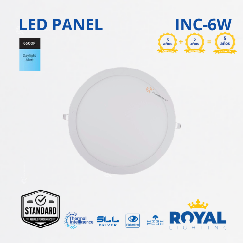 LED Panel redondo 6W incrus, 6500k, 330 lm, IRC 80, 120G, 100-240V, Marca Royal Lighting (En Stock) x1.5 Puntos