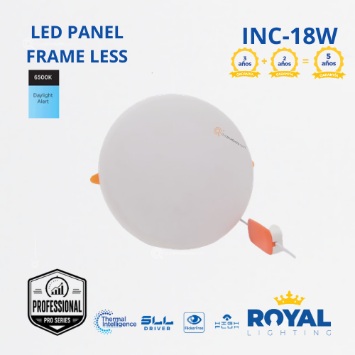 LED Panel redondo 18W incrus Frame Less, 6500k, 2160 lm, 120G, 100-240V, Marca Royal Lighting (En Stock) X1 Punto