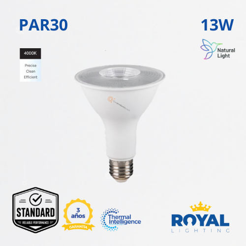 LED Lampara PAR30 13W E27, Cuello Largo, 4000K, 960 lm, 25G, 100-240V, Marca Royal Lighting (En Stock) x1.5 Puntos
