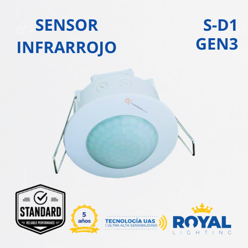 Sensor de Mov Infrarrojo, Incrustar Techo, 360G, 120V, S-D1 Gen3, Marca Royal Lighting (En Stock) X1 Punto