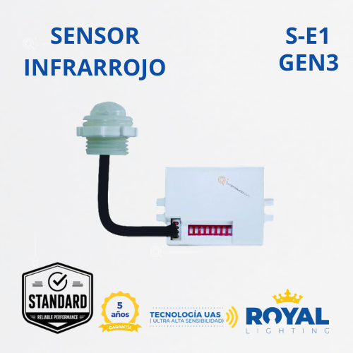 Sensor de Mov. Infrarrojo, S-E1 Mini Gen3, 360G, 200W Max LED, 100-240V, Marca Royal Lighting (En Stock) X1 Punto