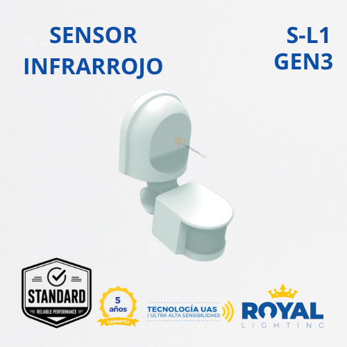Sensor de Mov. Infrarrojo, S-L1 Gen3, Tec/Par, 180G, 200W Max LED, 120V, Marca Royal Lighting (En Stock) X1 Punto