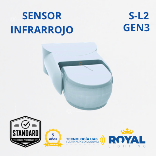 Sensor de Mov. Infrarrojo, S-L2 Gen3, Pared, 180G, 200W Max LED, 120V, Marca Royal Lighting (En Stock) X1 Punto
