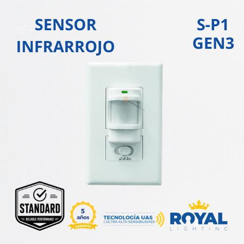 Sensor de Mov. Infrarrojo, S-P1 Gen3, Incrus, 180G, 100W Max LED, 120V, Marca Royal Lighting (En Stock) X1 Punto
