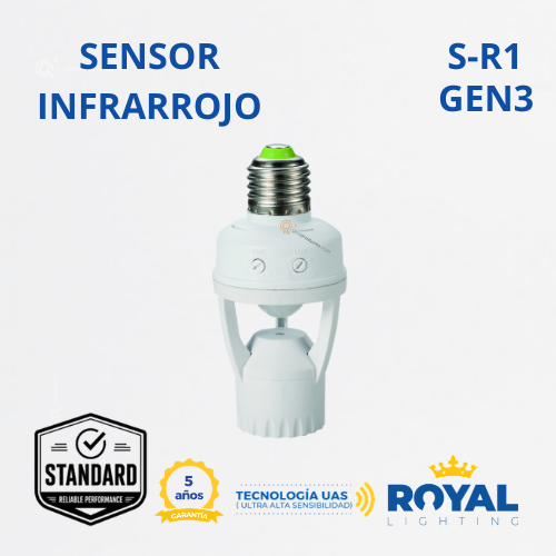 Sensor de Mov. Infrarrojo, S-R1 Gen3, E27, 360G, 60W Max LED, 100-240V, Marca Royal Lighting (En Stock) X1 Punto