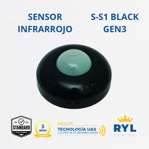 Sensor de Mov. Infrarrojo, S-S1 Black Gen3, Techo, 360G, 200W Max LED, 120V, Marca Royal Lighting (En Stock)