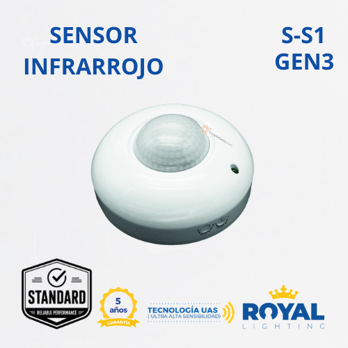 Sensor de Mov. Infrarrojo, S-S1 Gen3, Techo, 360G, 200W Max LED, 120V, Marca Royal Lighting (En Stock)