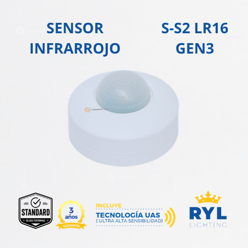 Sensor de Mov. Infrarrojo, S-S2 LR16 Gen3, Techo, 360G, 300W Max LED, 100-277V, Marca Royal Lighting (En Stock)