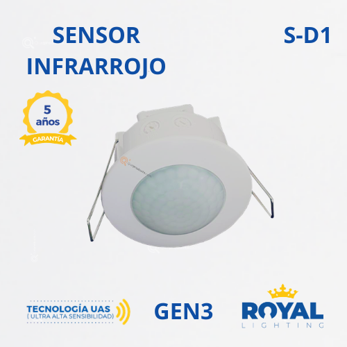 Sensor de Mov Infrarrojo, Incrustar Techo, 360G, 120V, S-D1 Gen3, Marca Royal Lighting (En Stock) X1 Punto