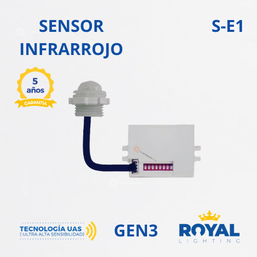 Sensor de Mov. Infrarrojo, S-E1 Mini Gen3, 360G, 200W Max LED, 100-240V, Marca Royal Lighting (En Stock) X1 Punto