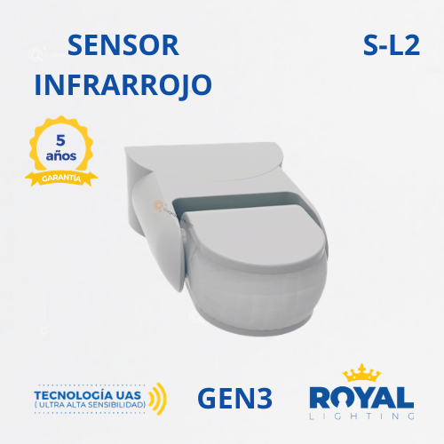 Sensor de Mov. Infrarrojo, S-L2 Gen3, Pared, 180G, 200W Max LED, 120V, Marca Royal Lighting (En Stock) X1 Punto
