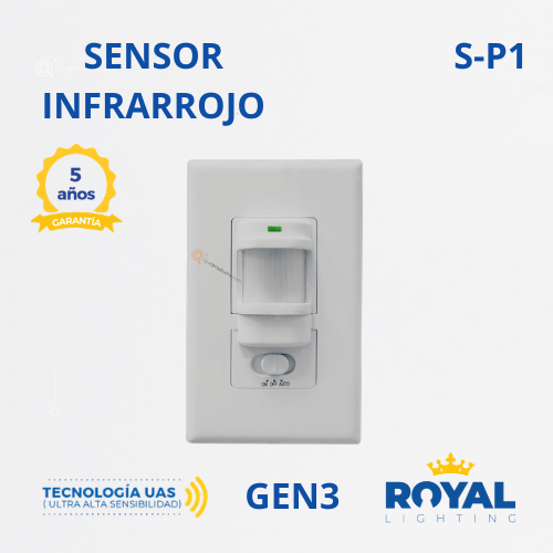 Sensor de Mov. Infrarrojo, S-P1 Gen3, Incrus, 180G, 100W Max LED, 120V, Marca Royal Lighting (En Stock) X1 Punto