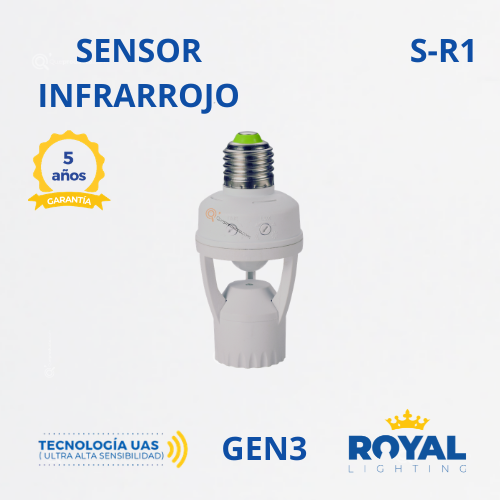 Sensor de Mov. Infrarrojo, S-R1 Gen3, E27, 360G, 60W Max LED, 100-240V, Marca Royal Lighting (En Stock) X1 Punto