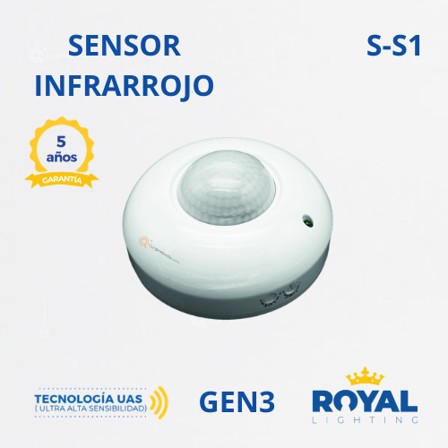 Sensor de Mov. Infrarrojo, S-S1 Gen3, Techo, 360G, 200W Max LED, 120V, Marca Royal Lighting (En Stock)X1 Punto