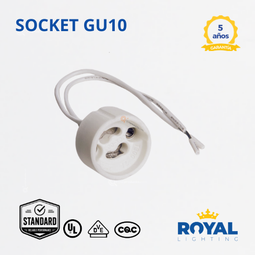 Socket Cerámico GU10 UEmpaqueX100, 110V- 250Vmax, Ref T1, Marca Royal Lighting (En Stock) X1 Punto